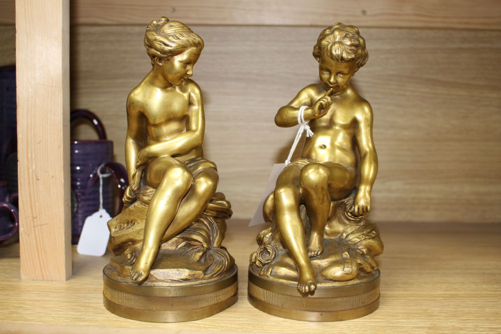 After Etienne-Maurice Falconet. A pair of late 19th century French ormolu figures of Cupid and Psyche, signed, 24cm